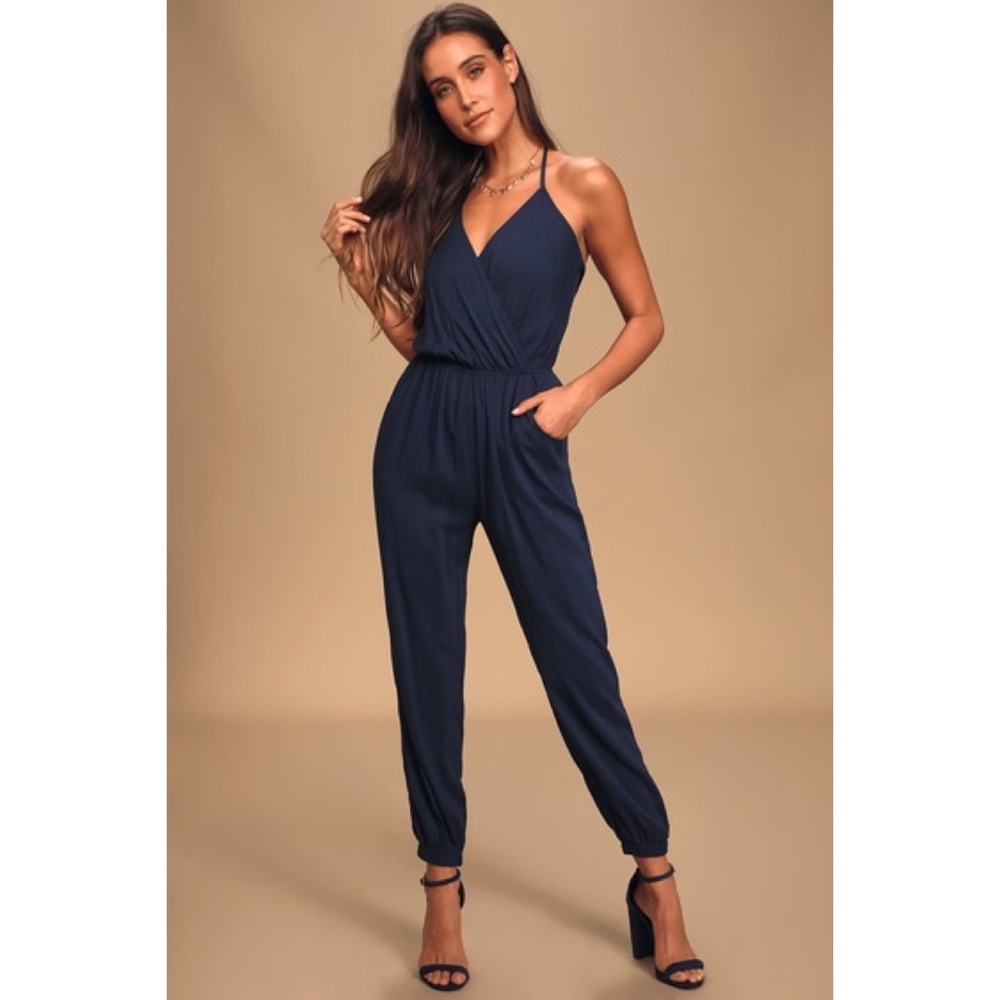 Lulu’s Learning to Fly Navy Blue Halter Jumpsuit